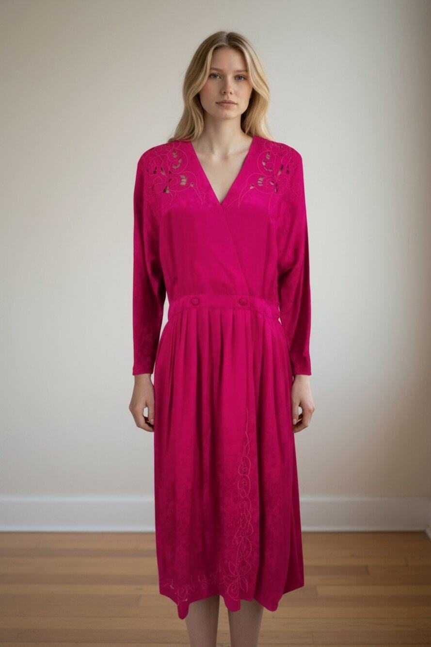 Vintage Nancy Johnson Pink Silk Midi Wrap Dress Size 4 Crochet Eyelet Jacquard